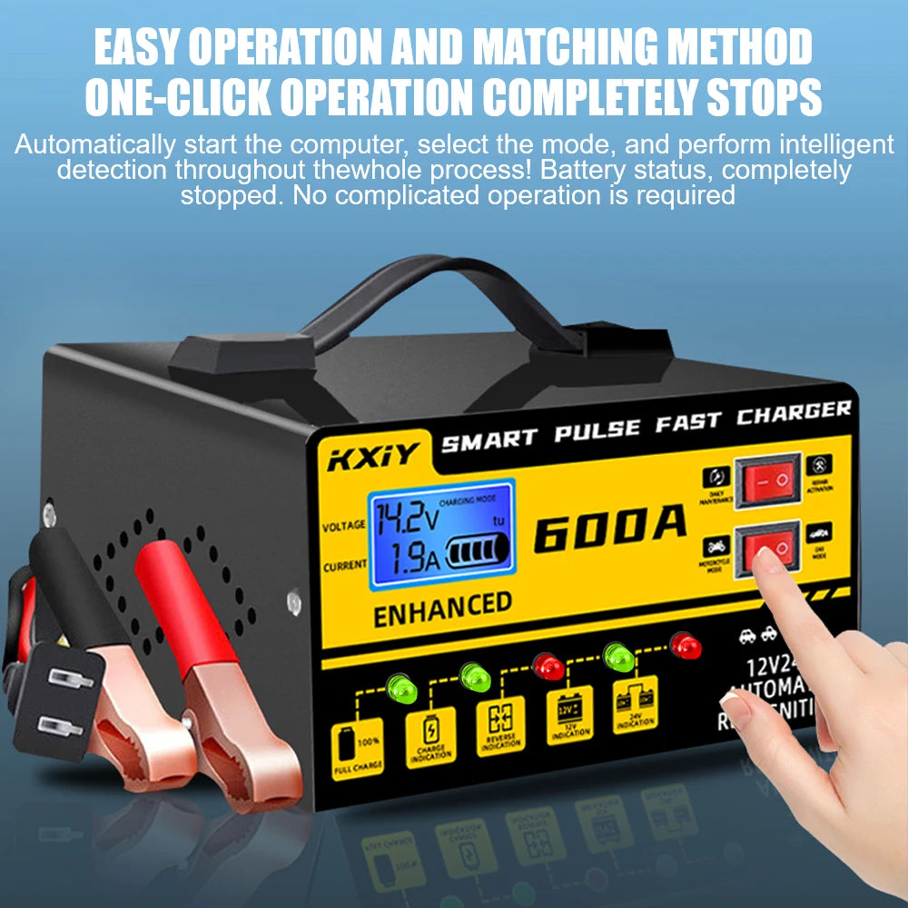 Car RV Truck Trailer Intelligent Smart Battery Charger Voltage Temperature Detection Pulse Repair 12V 24V 600A Multifunctional