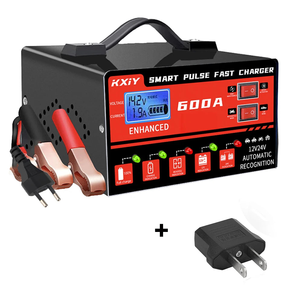 Car RV Truck Trailer Intelligent Smart Battery Charger Voltage Temperature Detection Pulse Repair 12V 24V 600A Multifunctional