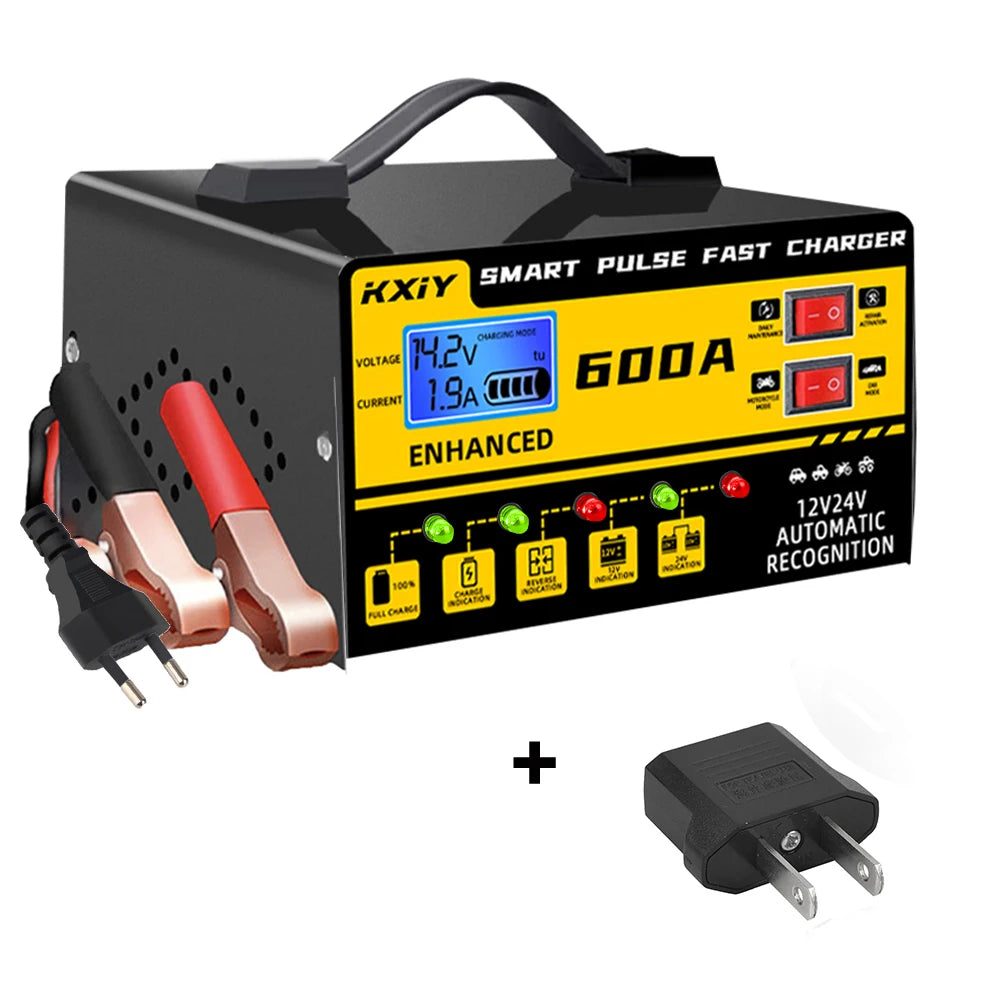 Car RV Truck Trailer Intelligent Smart Battery Charger Voltage Temperature Detection Pulse Repair 12V 24V 600A Multifunctional