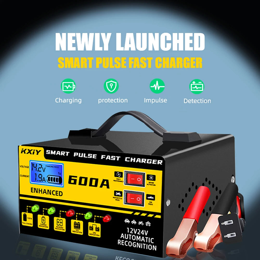 Car RV Truck Trailer Intelligent Smart Battery Charger Voltage Temperature Detection Pulse Repair 12V 24V 600A Multifunctional