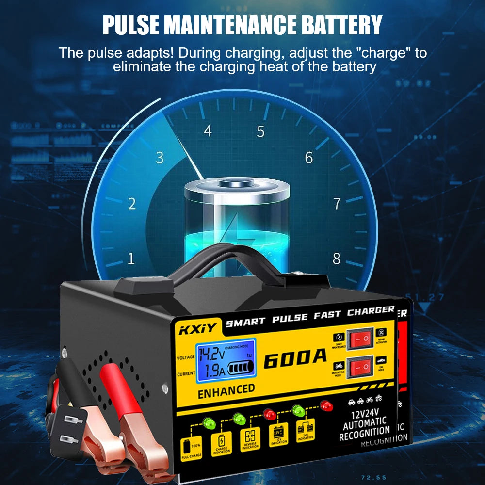 Car RV Truck Trailer Intelligent Smart Battery Charger Voltage Temperature Detection Pulse Repair 12V 24V 600A Multifunctional