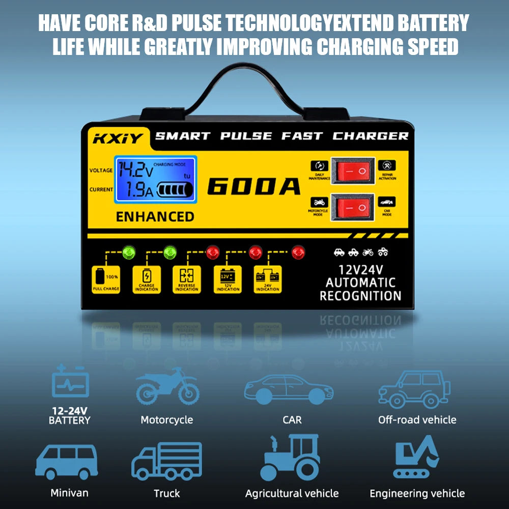 Car RV Truck Trailer Intelligent Smart Battery Charger Voltage Temperature Detection Pulse Repair 12V 24V 600A Multifunctional