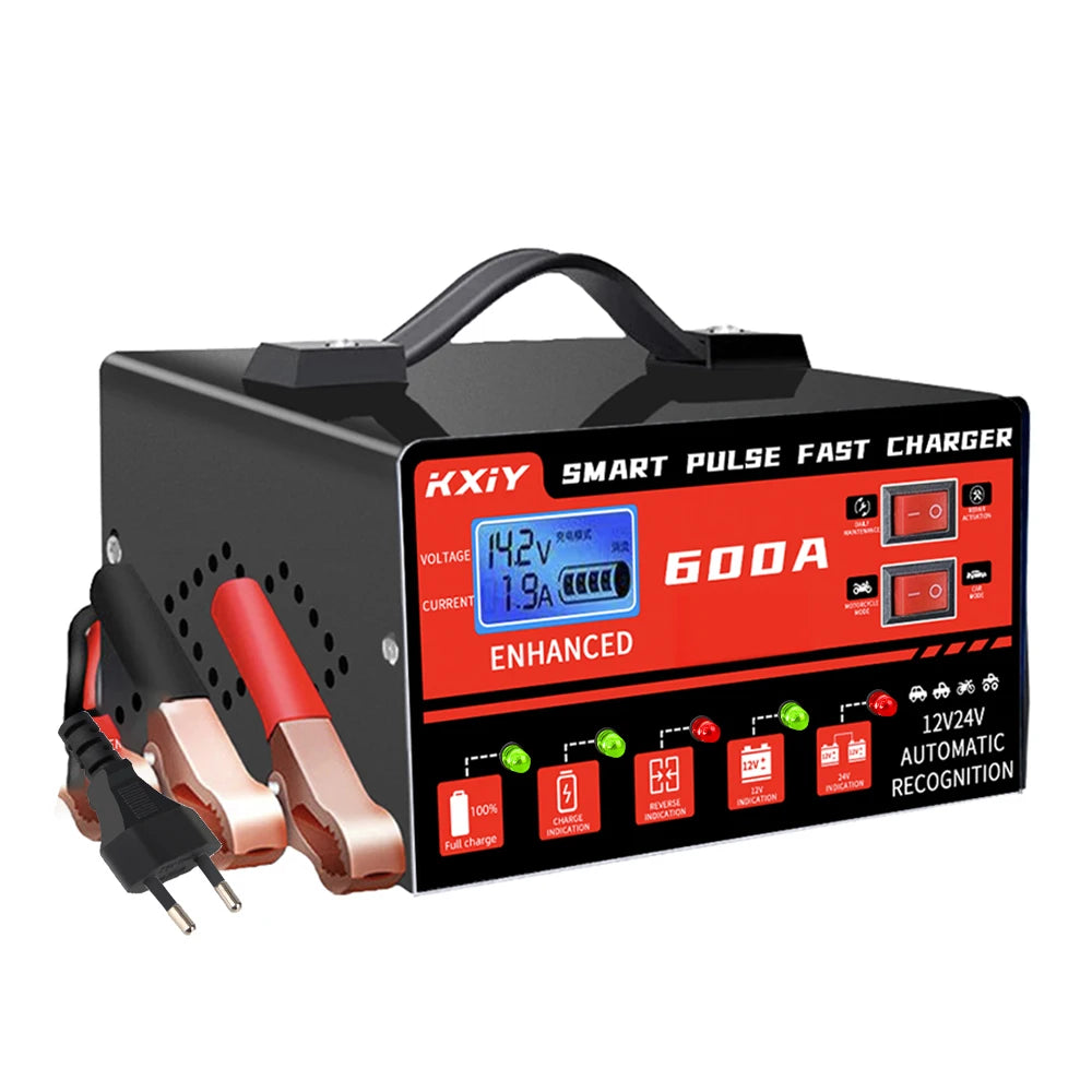 Car RV Truck Trailer Intelligent Smart Battery Charger Voltage Temperature Detection Pulse Repair 12V 24V 600A Multifunctional