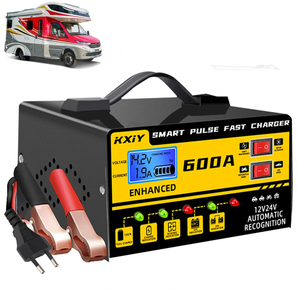 Car RV Truck Trailer Intelligent Smart Battery Charger Voltage Temperature Detection Pulse Repair 12V 24V 600A Multifunctional